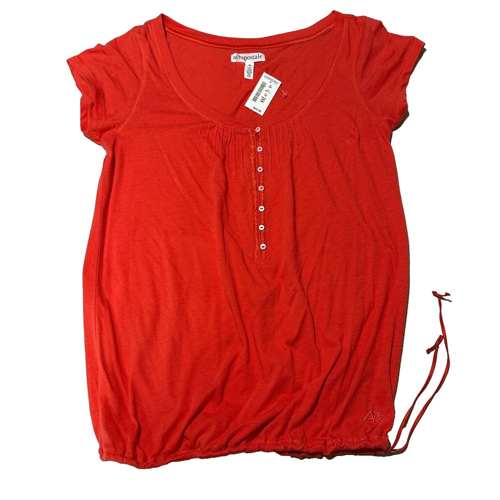 Aéropostale Y2K Orange Henley Top Drawstring Hem Short Sleeve Size M NWT